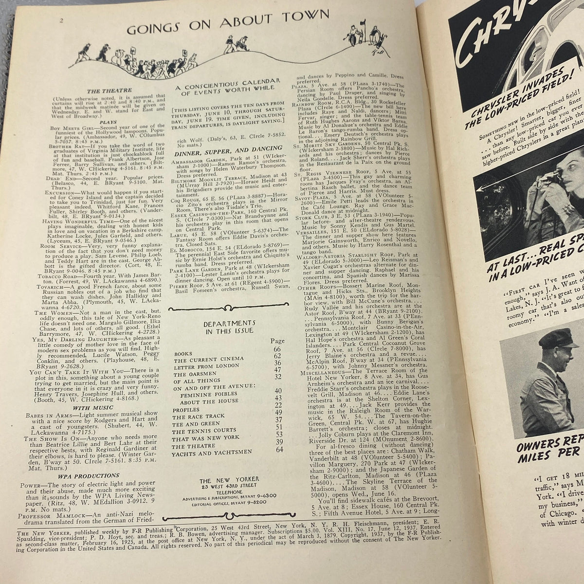 Interior page of The New Yorker Complete Magazine June 12, 1937 featuring 'Goings on About Town', showcasing a calendar of events and listings, highlighting the cultural vibrancy of the era.