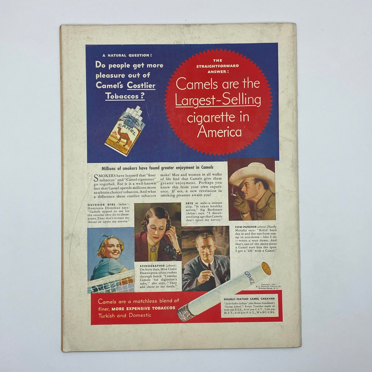 Advertisement page from The New Yorker magazine, December 25, 1937, promoting Camels as the largest-selling cigarette in America.