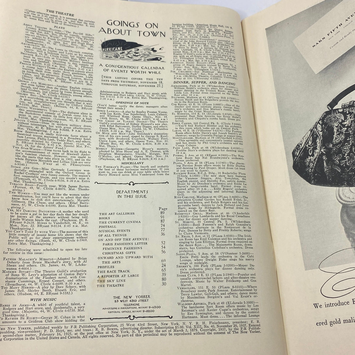 Inside page of The New Yorker magazine, November 20, 1937, featuring a calendar of events and listings, showcasing the cultural scene of the time.