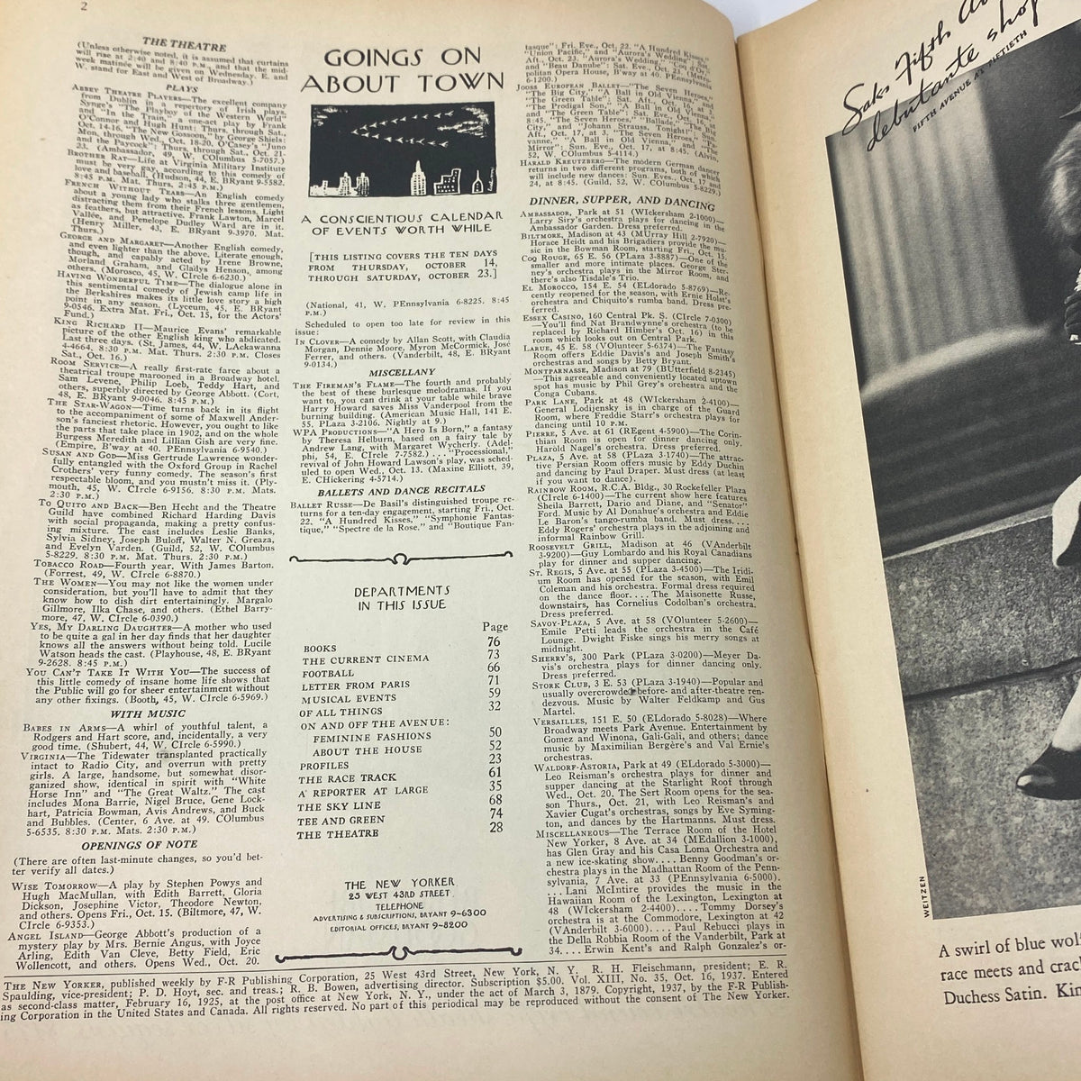 Interior pages of The New Yorker magazine, October 16, 1937, showcasing a calendar of events with listings and departments within the issue. Perfect for collectors of vintage magazines.