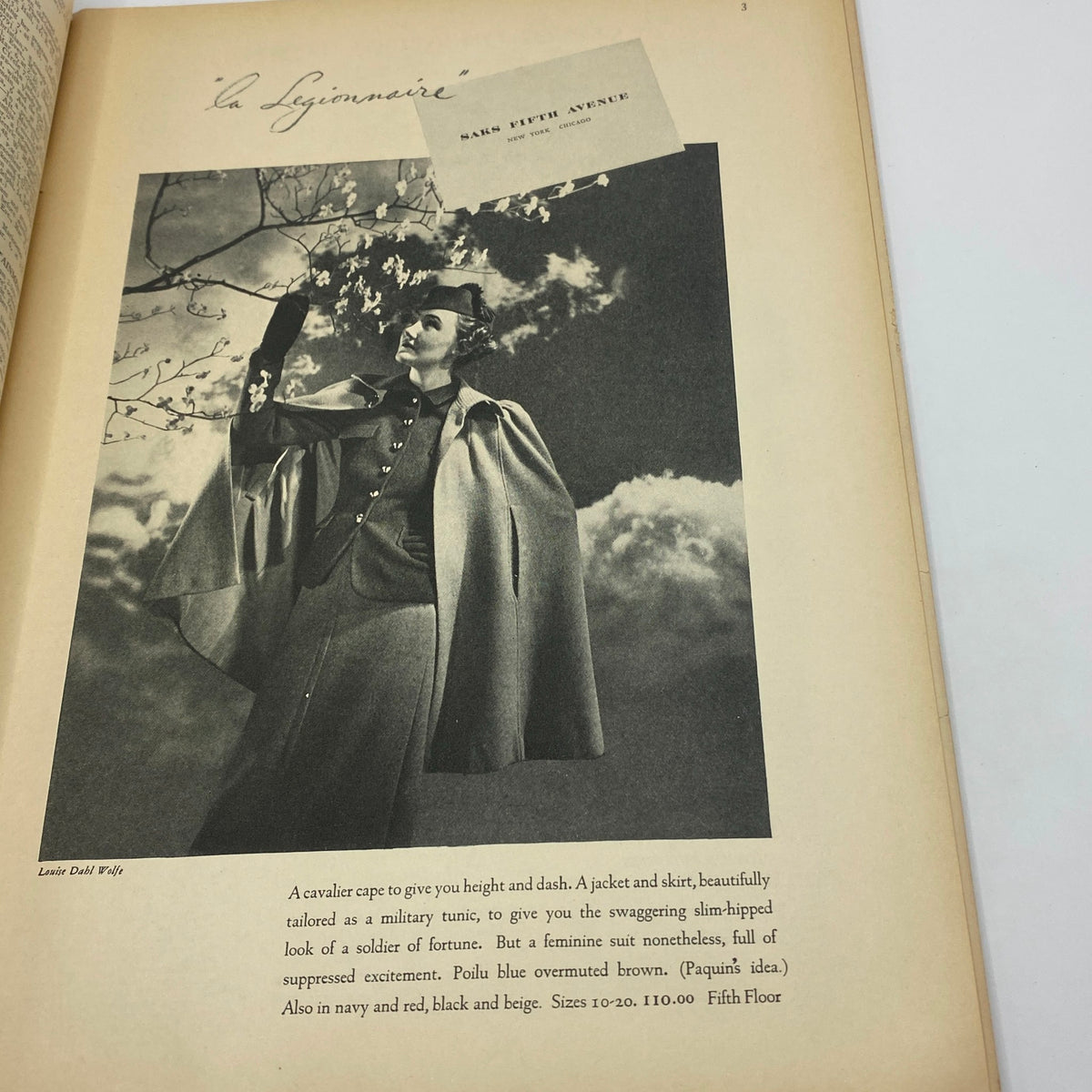 The New Yorker Complete Magazine March 6, 1937 interior page showcasing a fashion advertisement titled 'la Legionnaire' with a model in a military-style outfit.