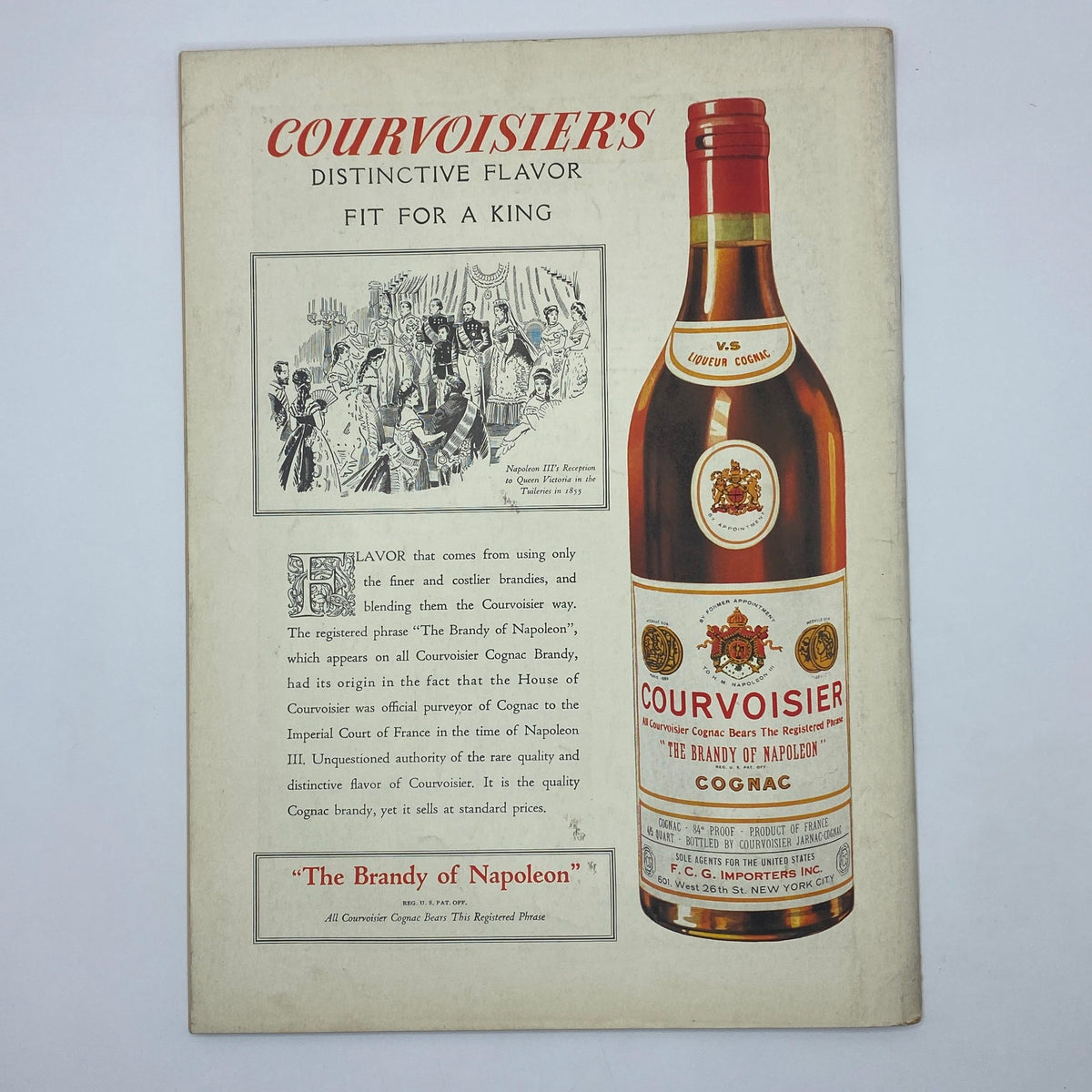Advertisement for Courvoisier cognac in The New Yorker magazine from October 9, 1937, featuring historical imagery and product details.