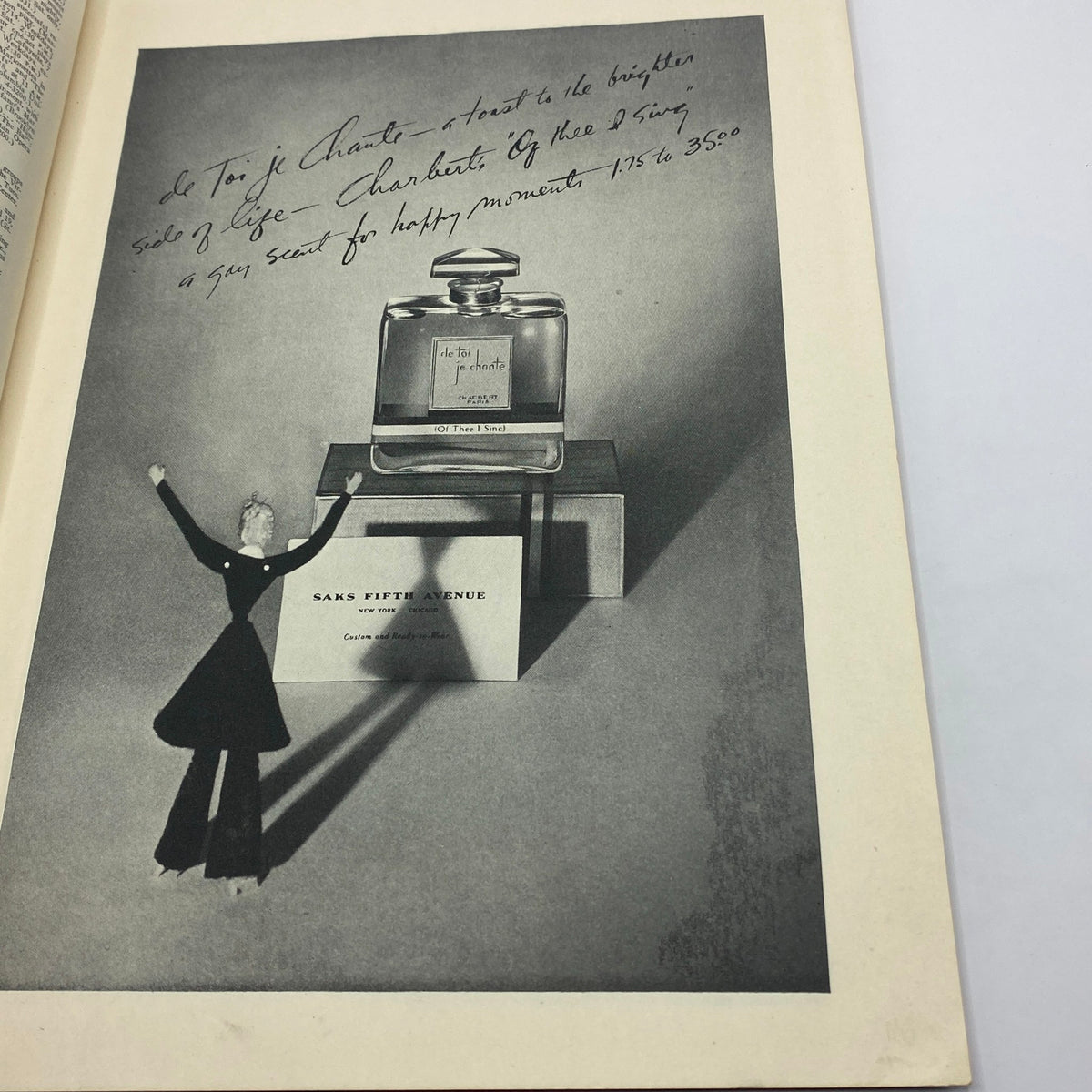 Advertisement page from The New Yorker Complete Magazine December 18, 1937 featuring a perfume bottle and a figure, celebrating moments of joy.