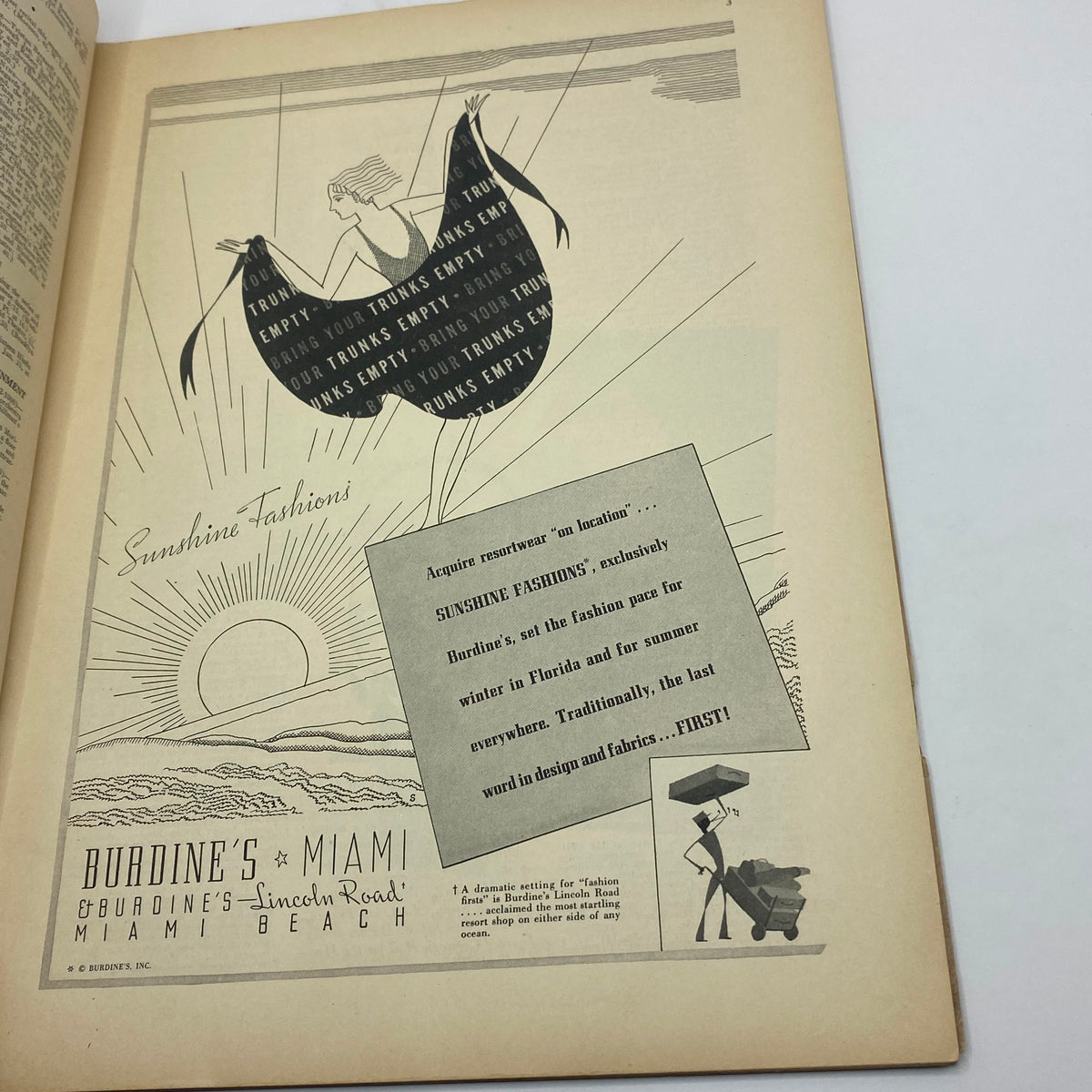 Advertisement from The New Yorker January 23, 1937 featuring Sunshine Fashions by Burdine's in Miami, showcasing vintage fashion and design inspired by nature.