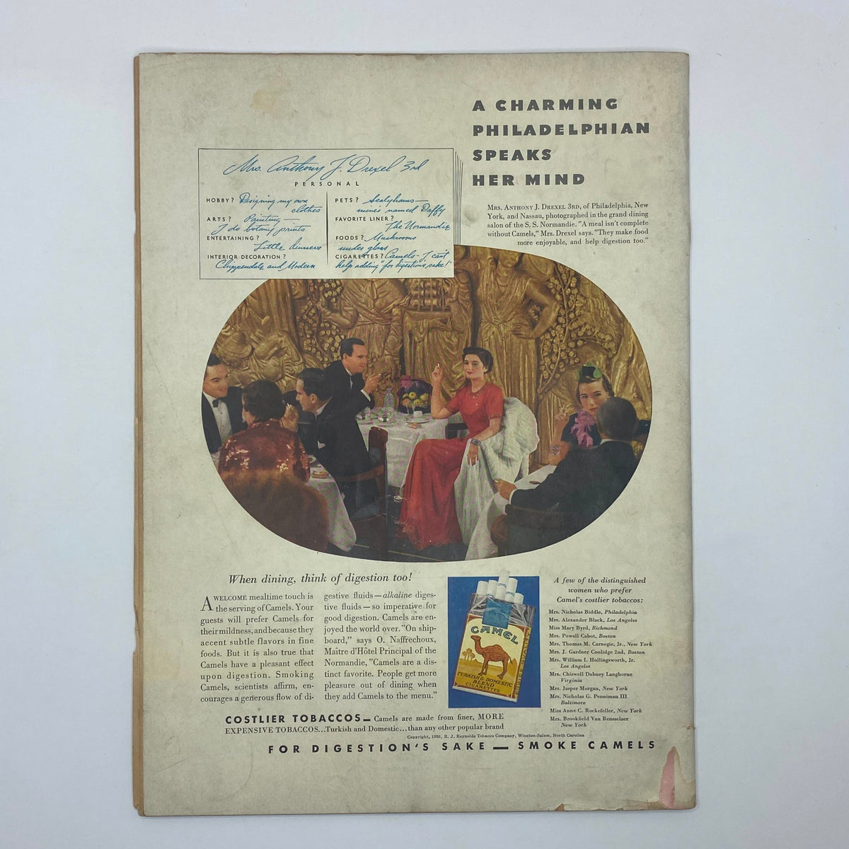 Back cover of The New Yorker January 23, 1937, featuring a glamorous depiction of a dining scene titled 'A Charming Philadelphian Speaks Her Mind' promoting Camel cigarettes.