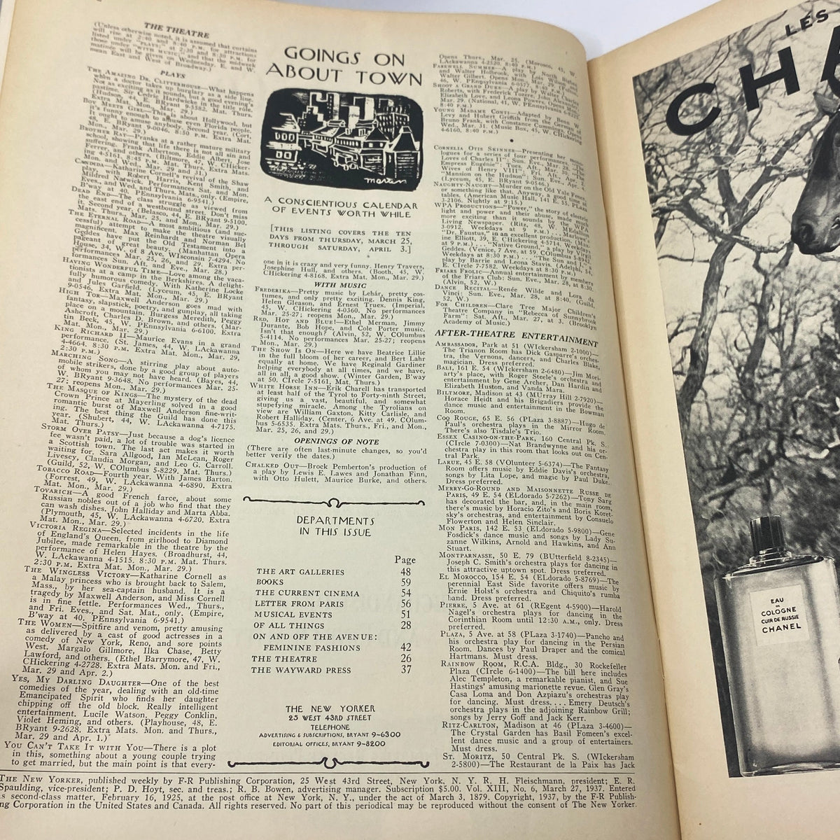 Interior page of 'The New Yorker' magazine from March 27, 1937, showcasing article listings and a calendar of events.