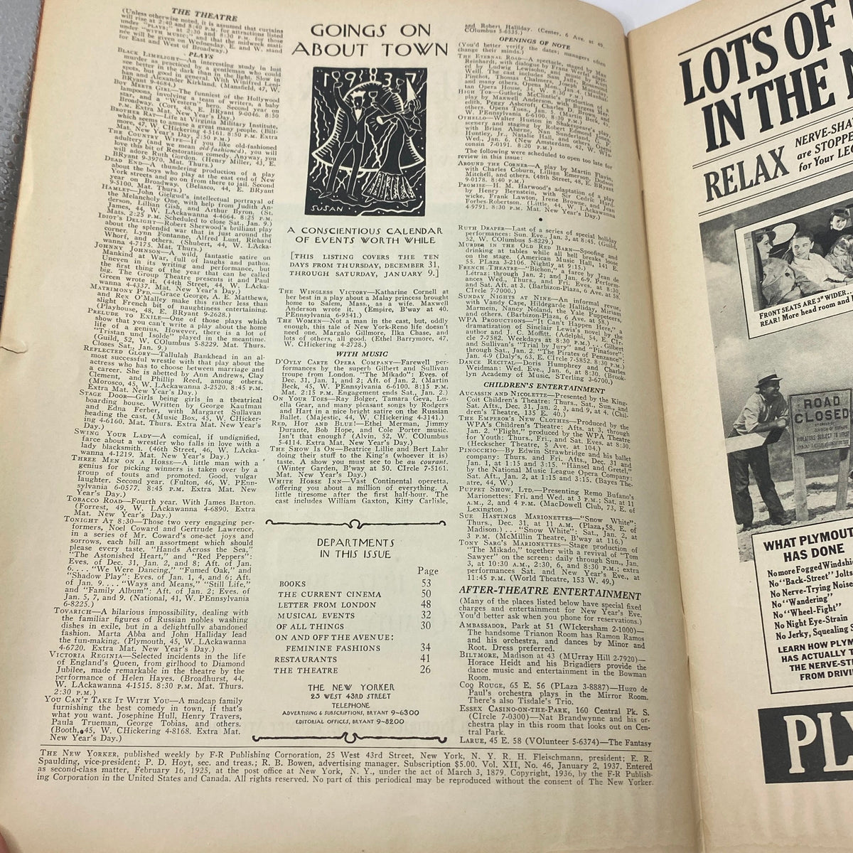 Interior page of The New Yorker magazine from January 2, 1937, featuring articles and calendar events about town, showcasing typography and layout typical of the era.
