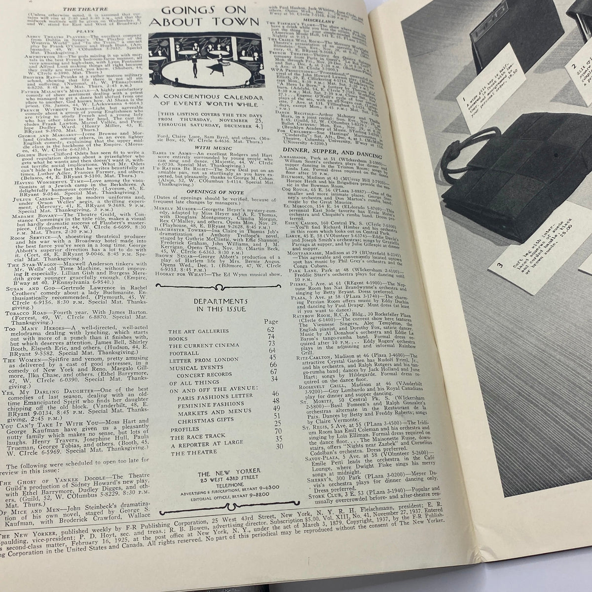 Interior page from The New Yorker Complete Magazine November 27, 1937 featuring the 'Goes On About Town' section with an events calendar.