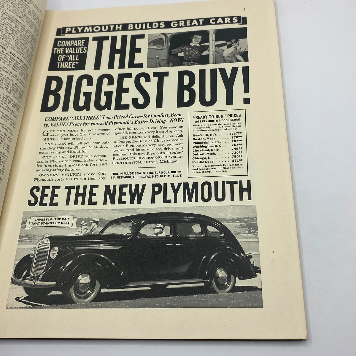 Ad for Plymouth cars from The New Yorker December 4, 1937, showcasing the text 'THE BIGGEST BUY!' and an image of a 1937 Plymouth 4-door sedan.