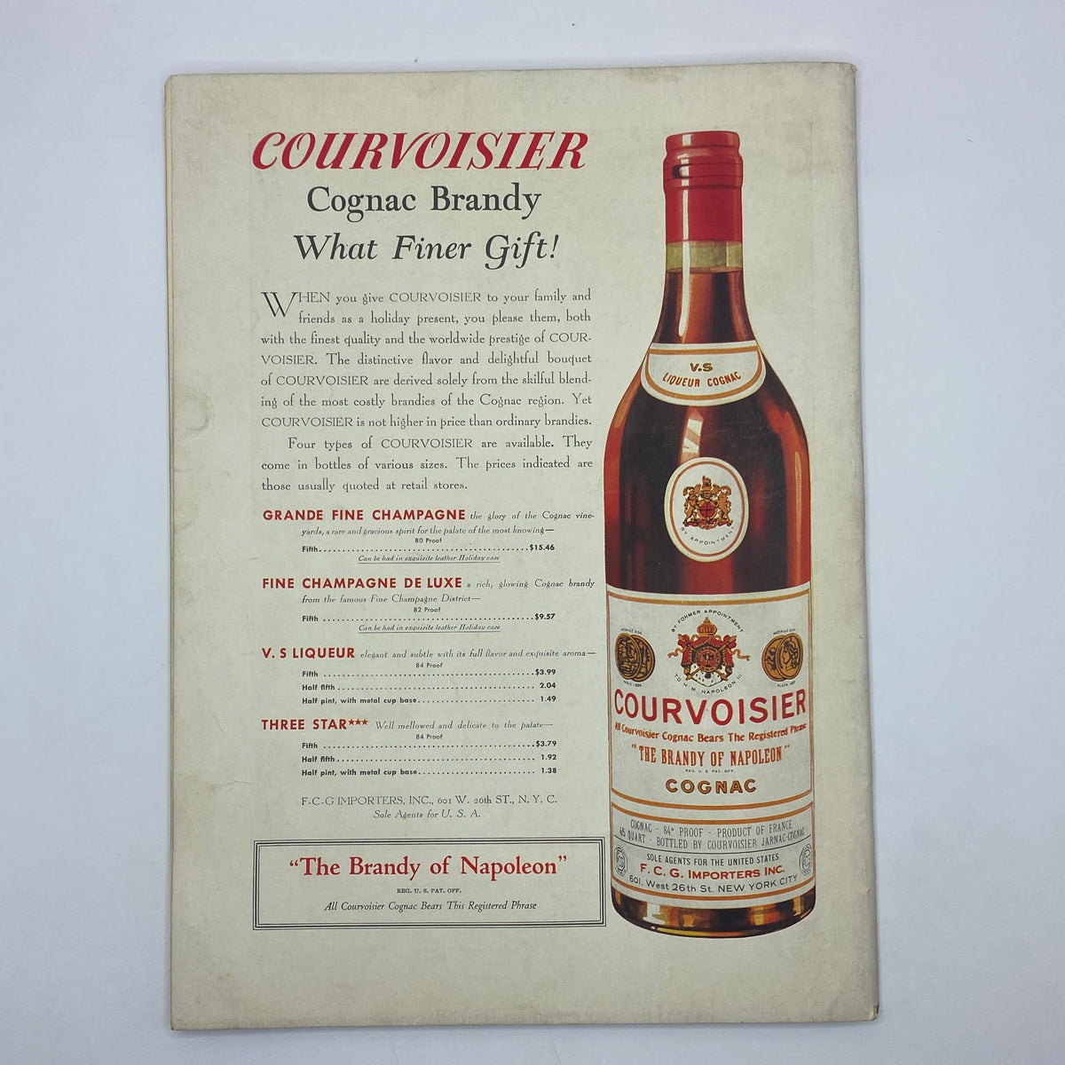 Cognac Brandy Courvoisier advertisement from The New Yorker December 4, 1937, highlighting various types of Courvoisier with a focus on its premium quality.