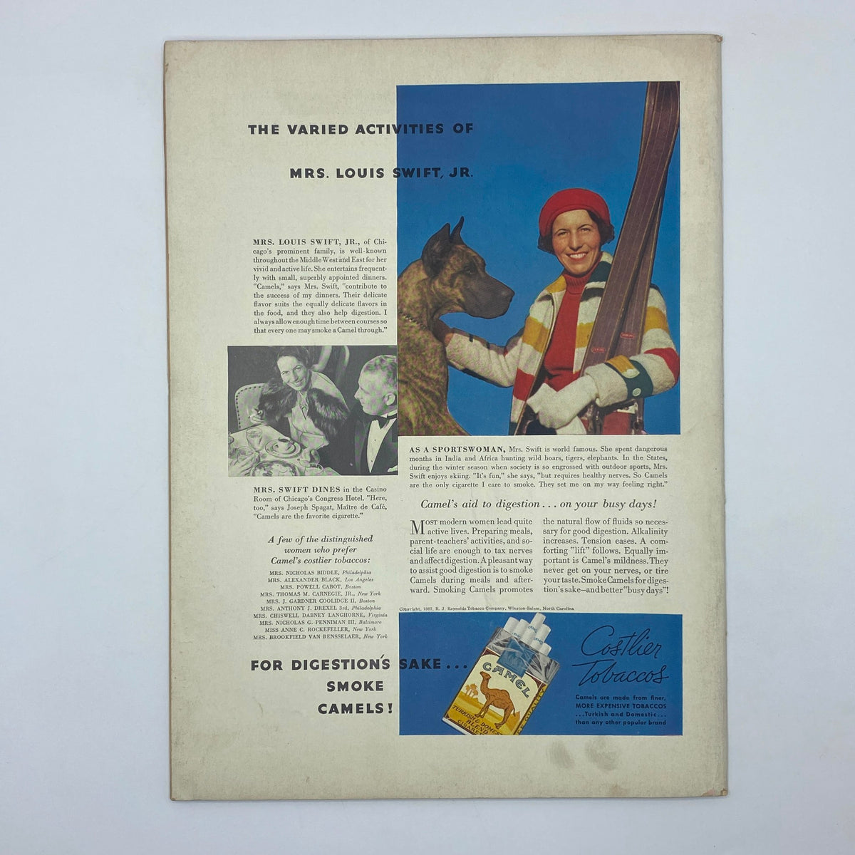 Back cover of The New Yorker Complete Magazine February 20, 1937, showcasing an advertisement for Camel cigarettes featuring Mrs. Louis Swift, Jr. in a sporty winter outfit.