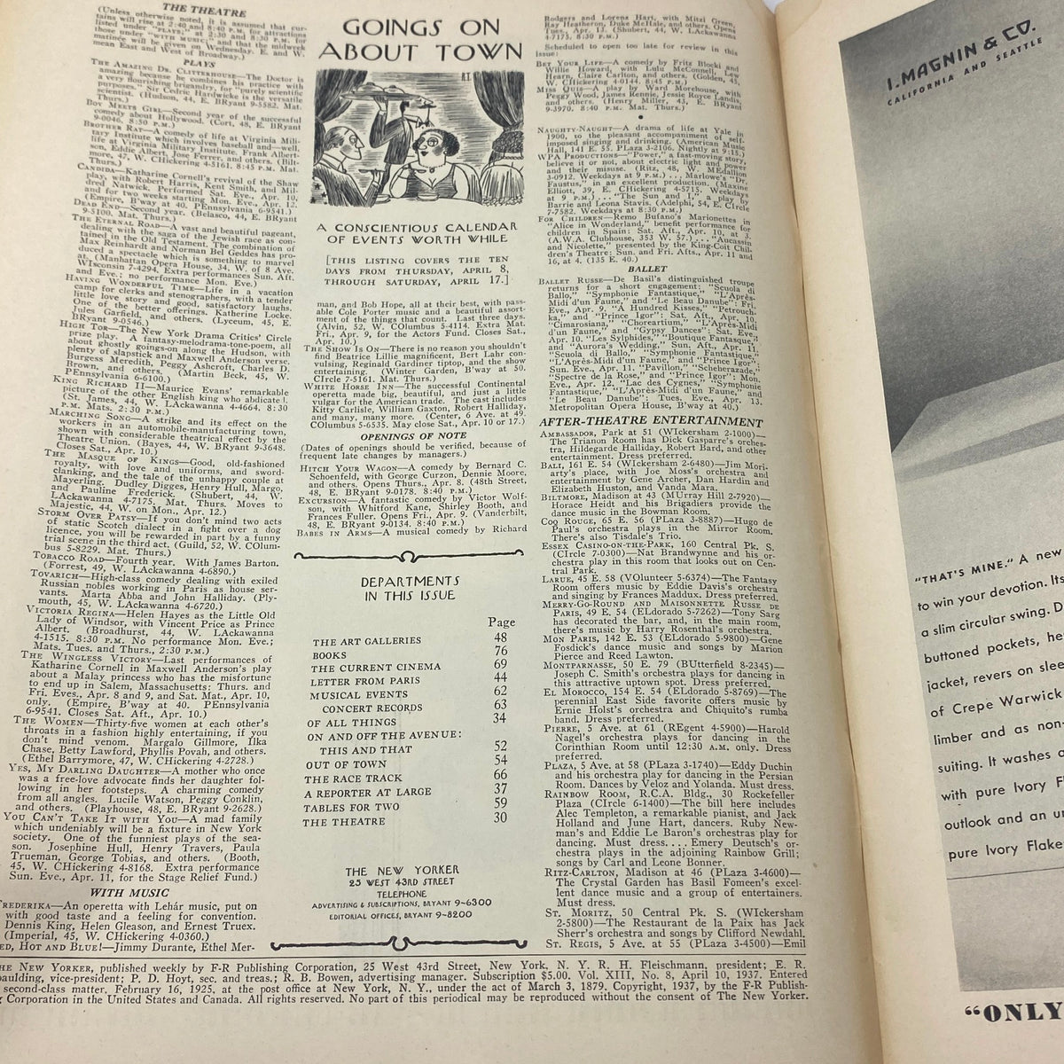 Goings on About Town section from The New Yorker Complete Magazine April 10, 1937, highlighting events, theater listings, and departments of the issue.