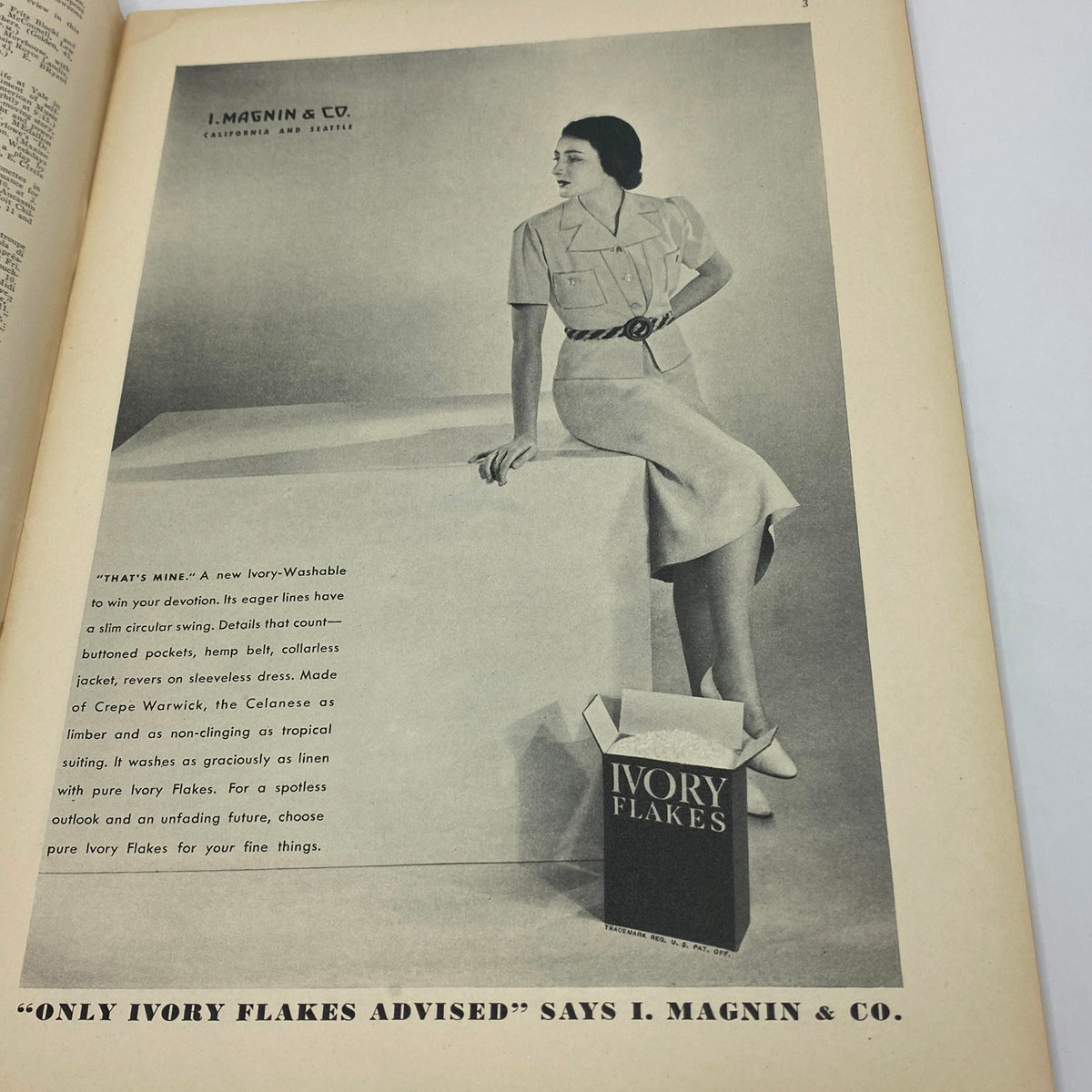 Fashion advertisement featuring a woman in a stylish outfit from I. Magnin & Co., showcased in The New Yorker Complete Magazine April 10, 1937.