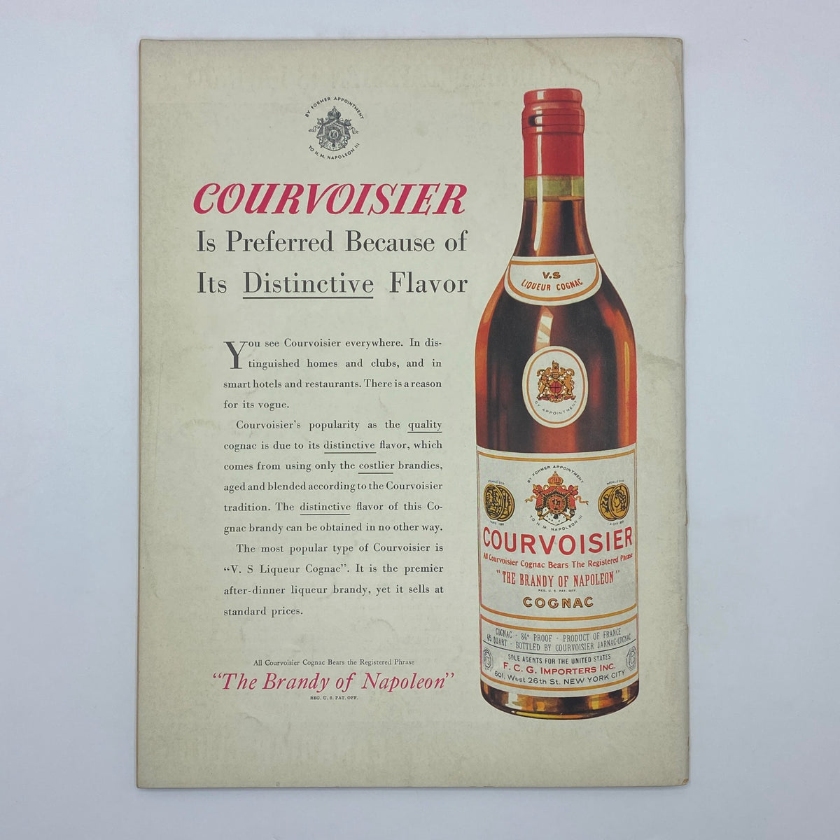 Courvoisier brandy advertisement promoting its distinctive flavor, found in The New Yorker Complete Magazine April 10, 1937.