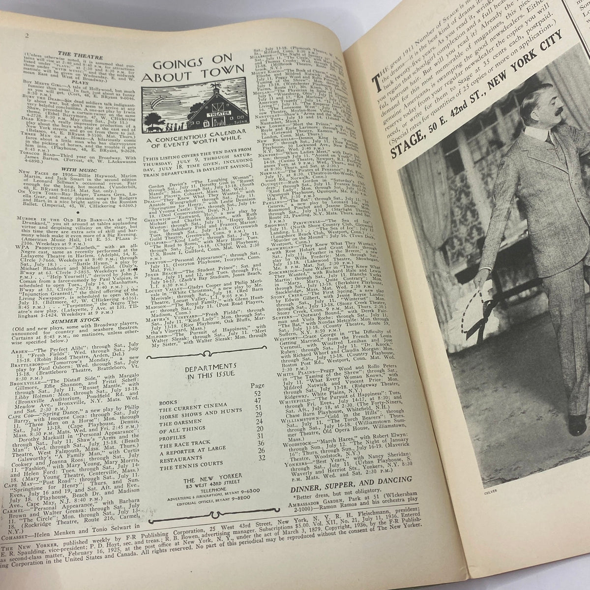 Inside page of The New Yorker magazine from July 11, 1936 featuring articles and listings from the era, highlighting the cultural context of the time.