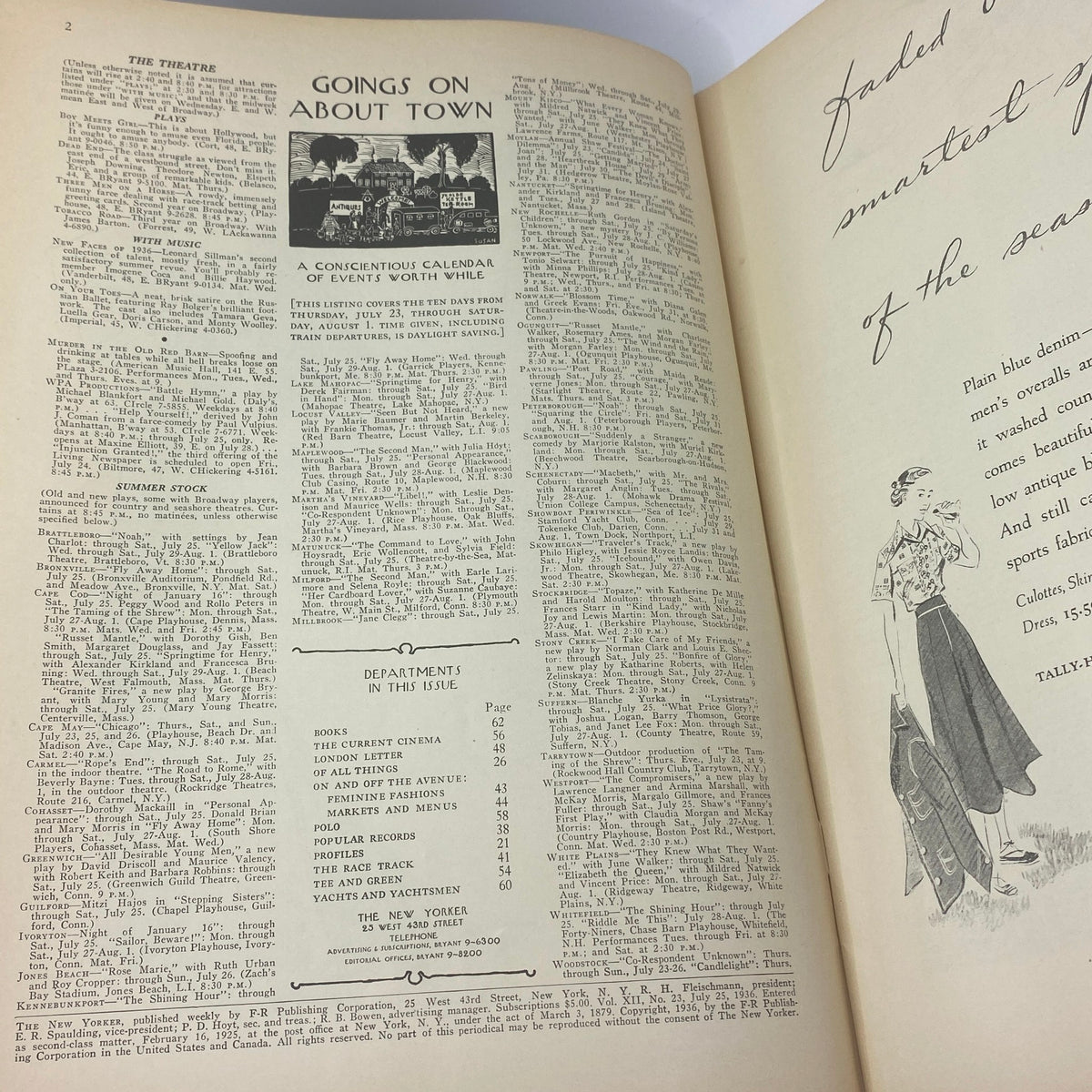 Interior pages of The New Yorker magazine dated July 25, 1936, featuring a section called 'Goings On About Town' with listings and advertisements.