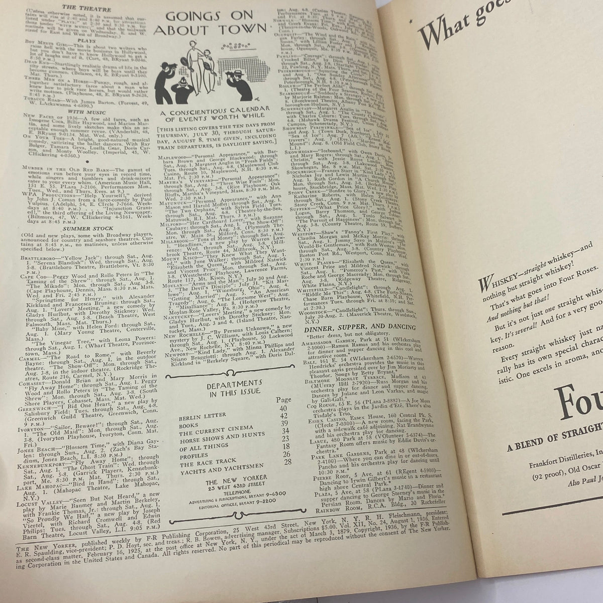 Interior page of The New Yorker Complete Magazine August 1, 1936 featuring a calendar of events and content listings.