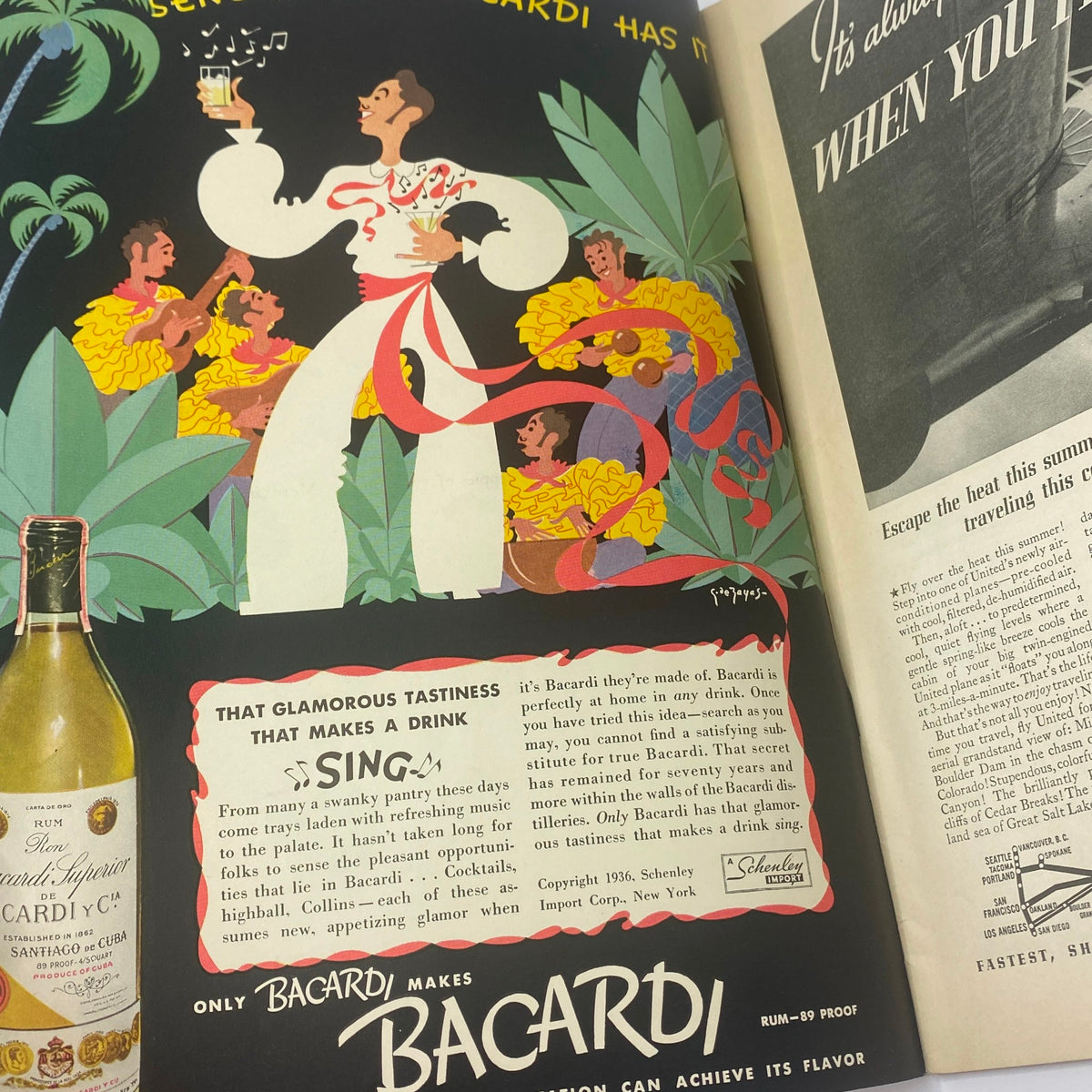 Advertisement from The New Yorker Complete Magazine August 1, 1936 showcasing Bacardi rum with colorful illustrations.