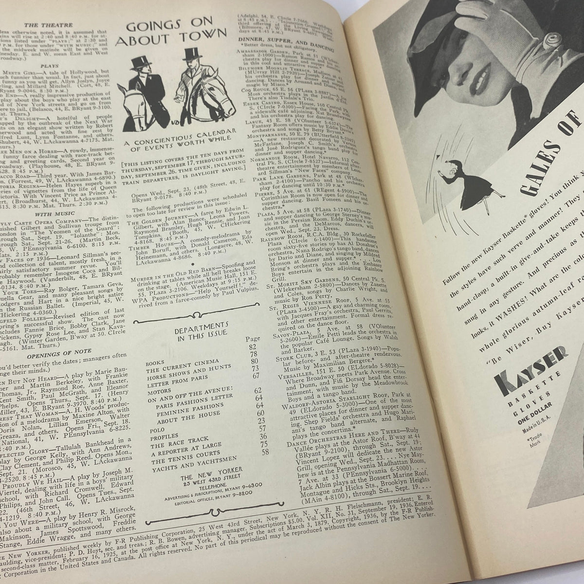 The New Yorker Complete Magazine September 19, 1936 - Interior page featuring the 'Goings On About Town' calendar events section and advertisements, showcasing vintage typography and design.