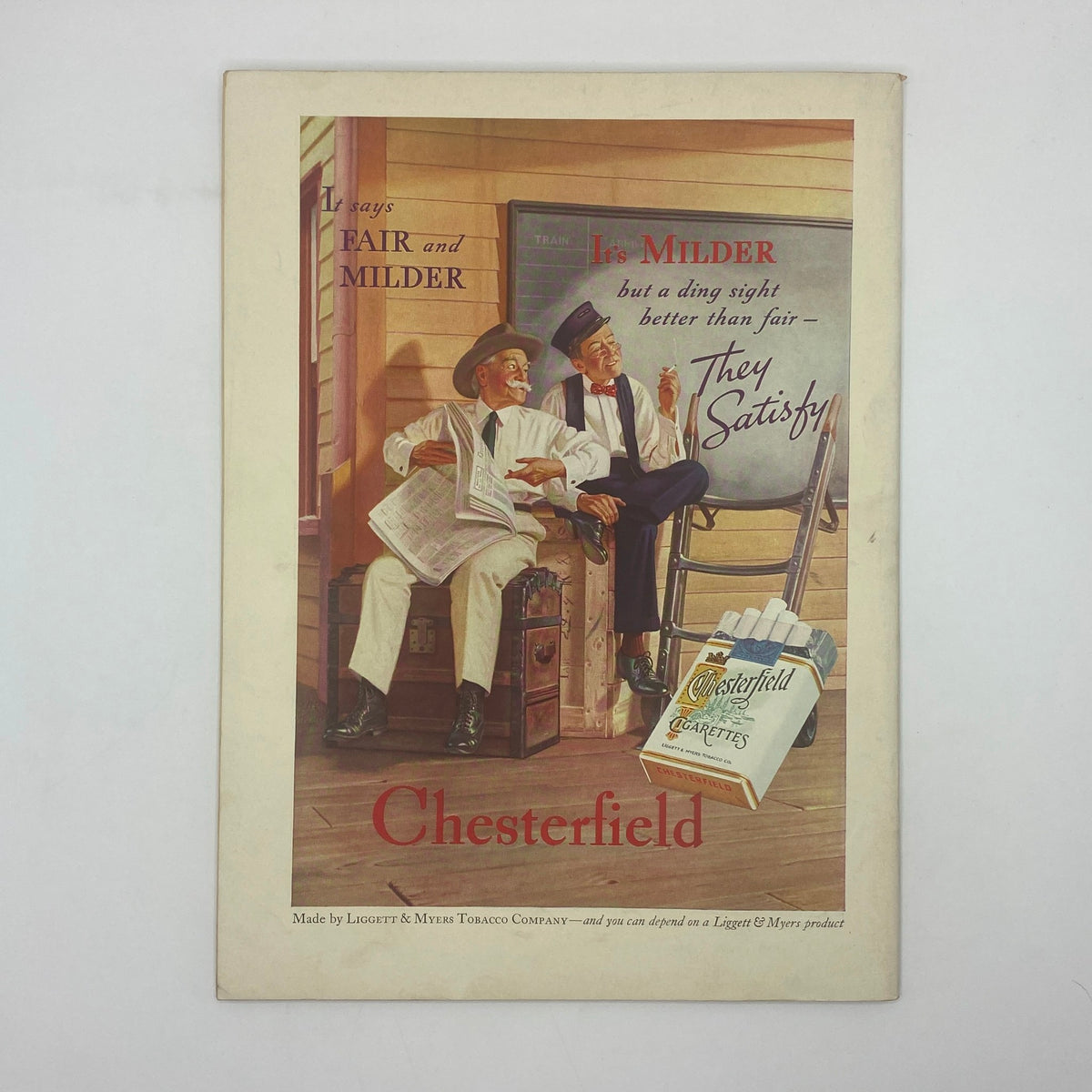 The New Yorker Complete Magazine September 19, 1936 - Chesterfield cigarettes advertisement depicting two gentlemen enjoying a conversation, illustrating classic mid-century American advertising style.