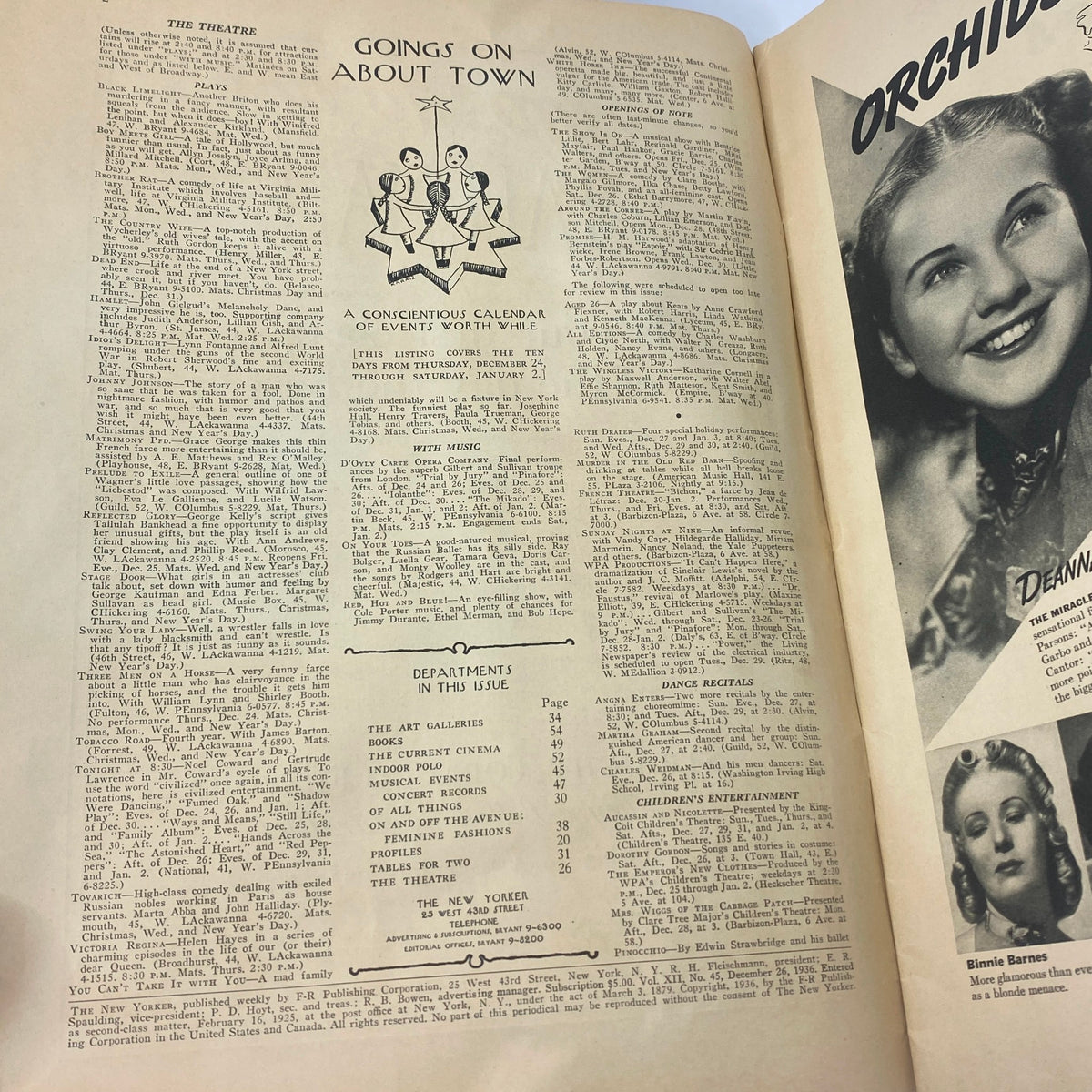 Interior page from The New Yorker Complete Magazine December 26, 1936 featuring a calendar section titled 'Goings on About Town' with listings of events.