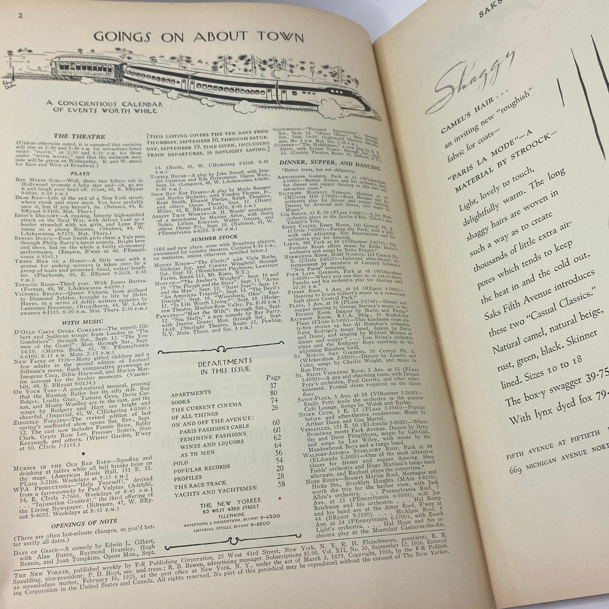 Inside page and content of The New Yorker Complete Magazine from September 12, 1936, featuring the 'Goings On About Town' section, including theatre listings and department pages, complementing the iconic cover by Rea Irvin.