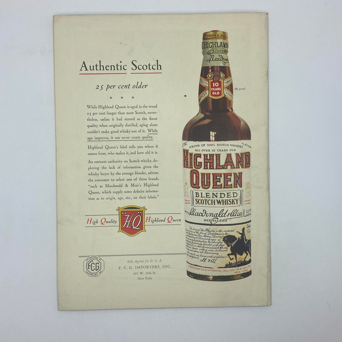 Vintage advertisement for Highland Queen Blended Scotch Whisky in The New Yorker. Features a detailed description of the whisky's quality and origins. Related to The New Yorker Complete Magazine September 12, 1936 Rea Irvin Cover.