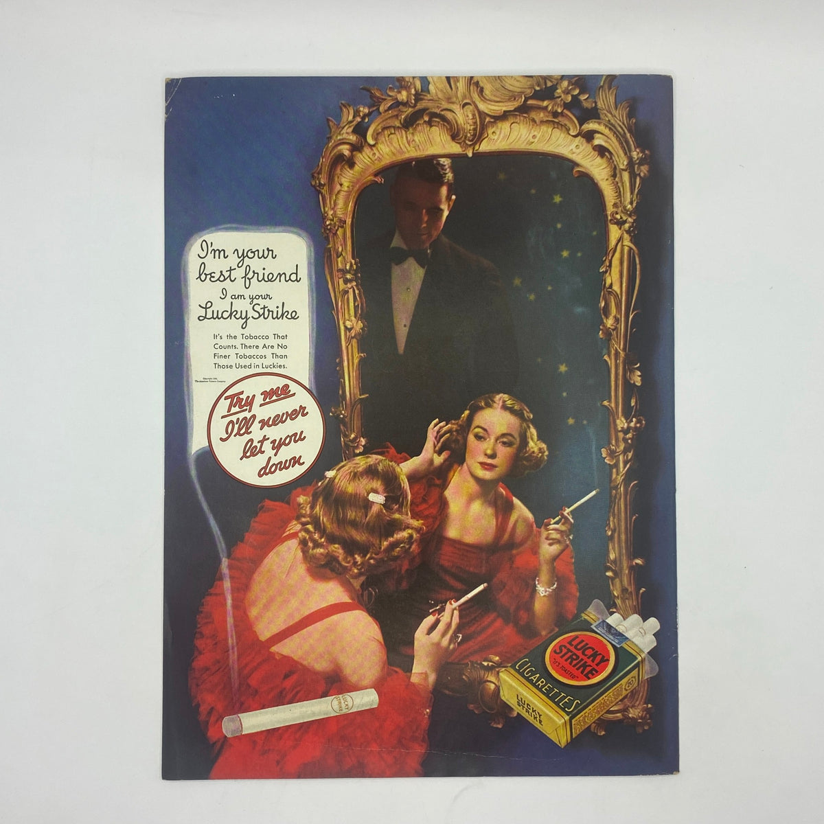 The New Yorker Complete Magazine August 31, 1935 - Harry Brown Cover featuring a vintage advertisement for Lucky Strike cigarettes showing two glamorous women, one admiring herself in a mirror with a man in a tuxedo in the background, embodying classic 1930s style.