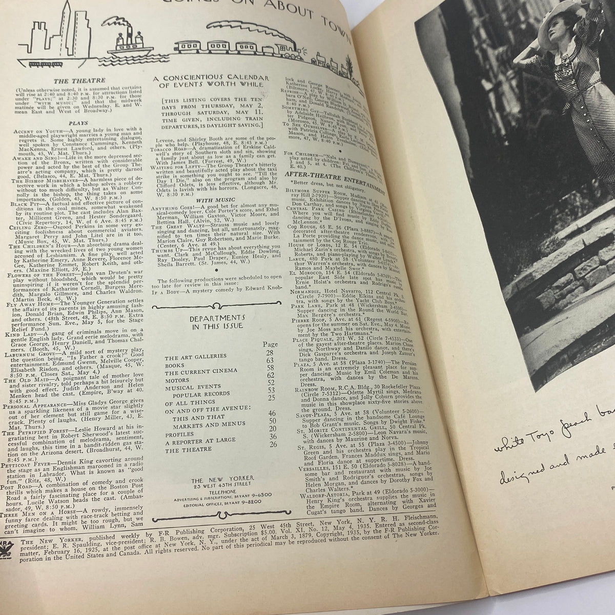 Interior view of The New Yorker magazine, May 4, 1935, showcasing a conscientious calendar of events, theater listings, and articles, featuring the vibrant cultural atmosphere of the time.