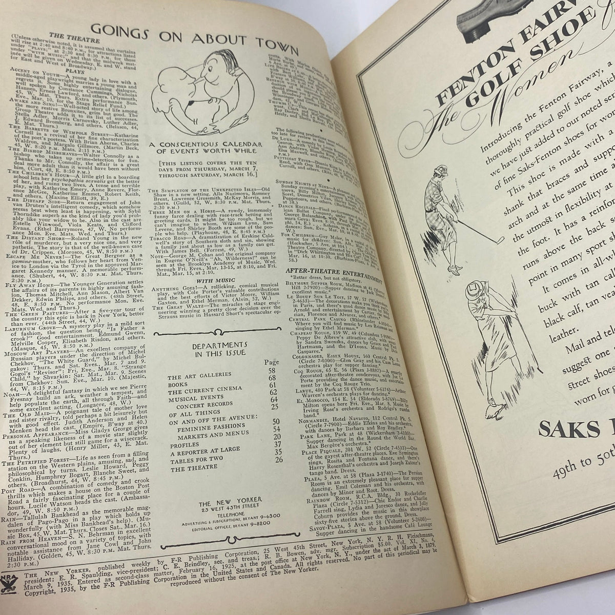 The New Yorker Complete Magazine March 9, 1935 featuring pages highlighting events and advertisements, showcasing vintage content.