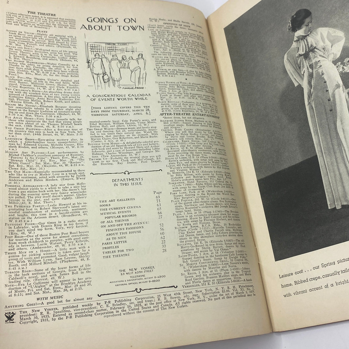 Inside page of The New Yorker Complete Magazine March 30, 1935, featuring a calendar of events and departments in this vintage publication.
