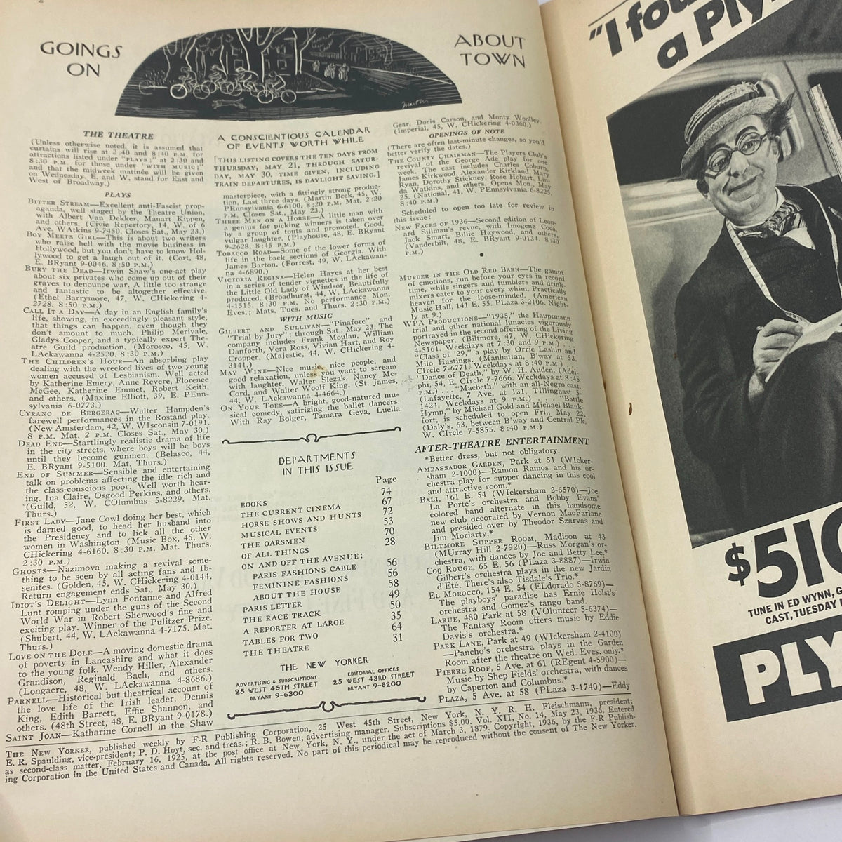 Interior page from The New Yorker Complete Magazine May 23, 1936 showcasing theater listings and event calendars.