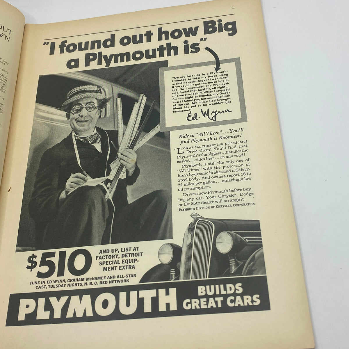 Advertisement featuring Ed Wynn promoting Plymouth cars in The New Yorker Complete Magazine May 23, 1936, with humorous depiction.