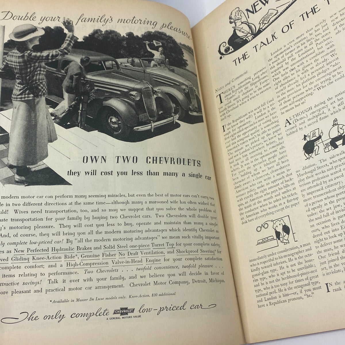 Another interior page from The New Yorker Complete Magazine June 20, 1936 highlighting an advertisement for Chevrolet cars with a family portrait, exemplifying the automotive trends of the time.