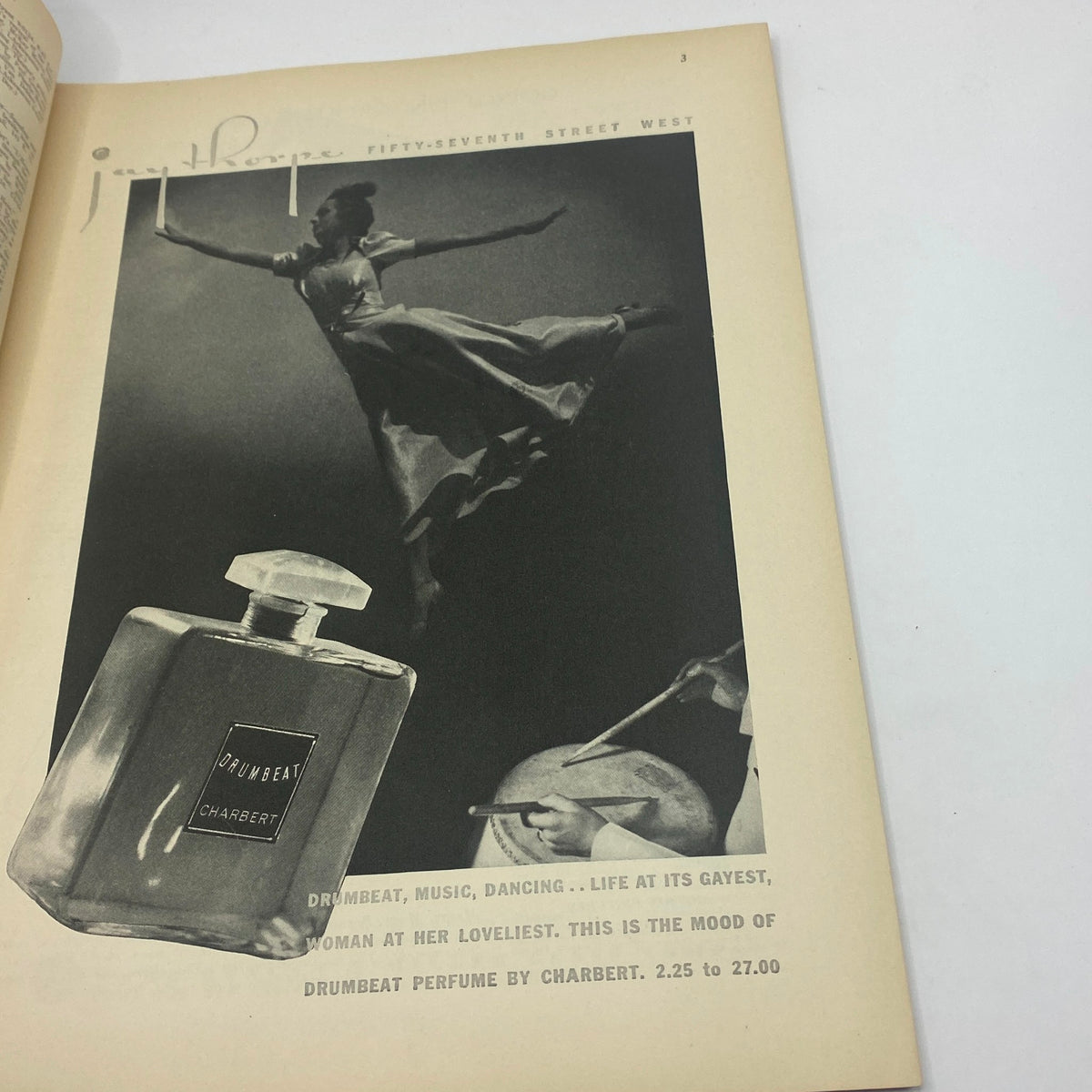 Advertisment from The New Yorker Complete Magazine November 21, 1936 showcasing Charbert's Drumbeat perfume, highlighting music and dance.