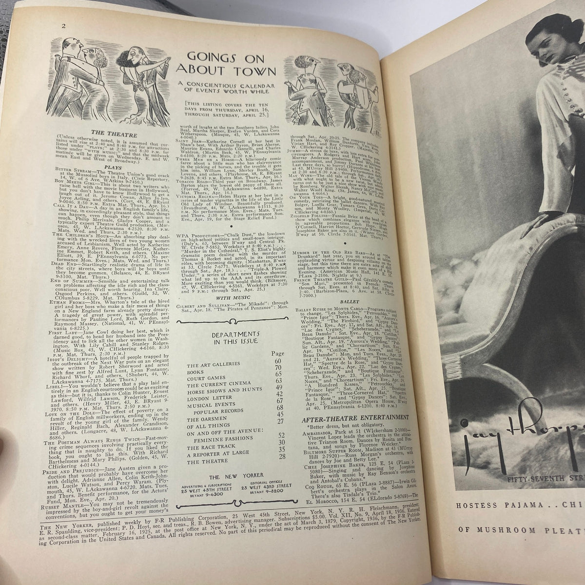 Interior page featuring 'Goings On About Town' events, from The New Yorker Complete Magazine April 18, 1936 Rea Irvin Cover; includes listings for plays, music, and other entertainment options.