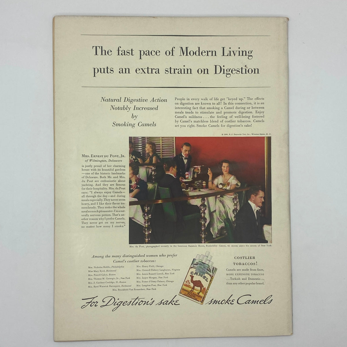 Vintage advertisement from The New Yorker Complete Magazine April 18, 1936 promoting Camel cigarettes, illustrating a dinner scene highlighting social dining and smoking culture.