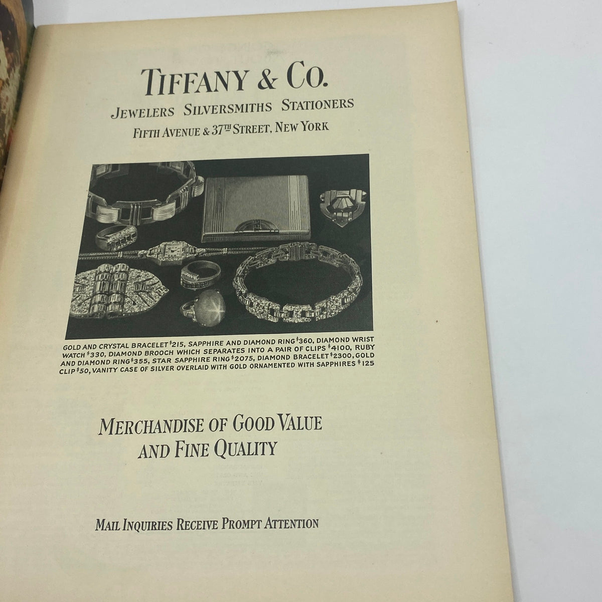 Ad page from The New Yorker magazine October 10, 1936 featuring Tiffany & Co. advertisement with jewelry products, showcasing merchandise of good value and fine quality.