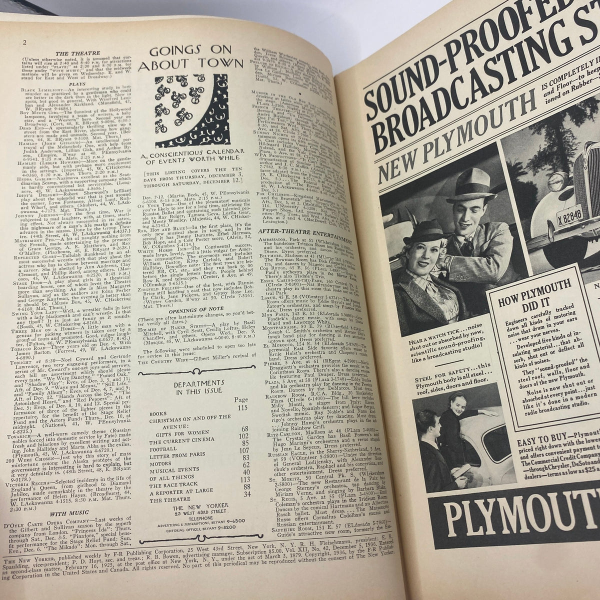 Interior pages of The New Yorker magazine, December 5, 1936, showcasing events in New York with an advertisement for Plymouth cars.