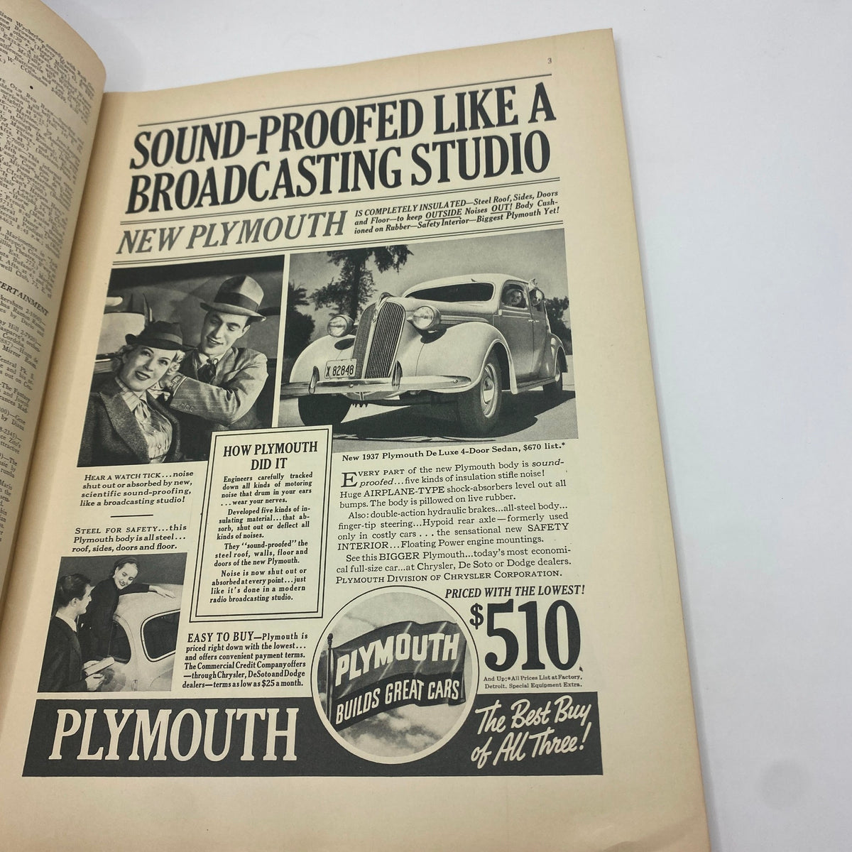 Another page from The New Yorker magazine, December 5, 1936, featuring an advertisement for the 1937 Plymouth De Luxe car.