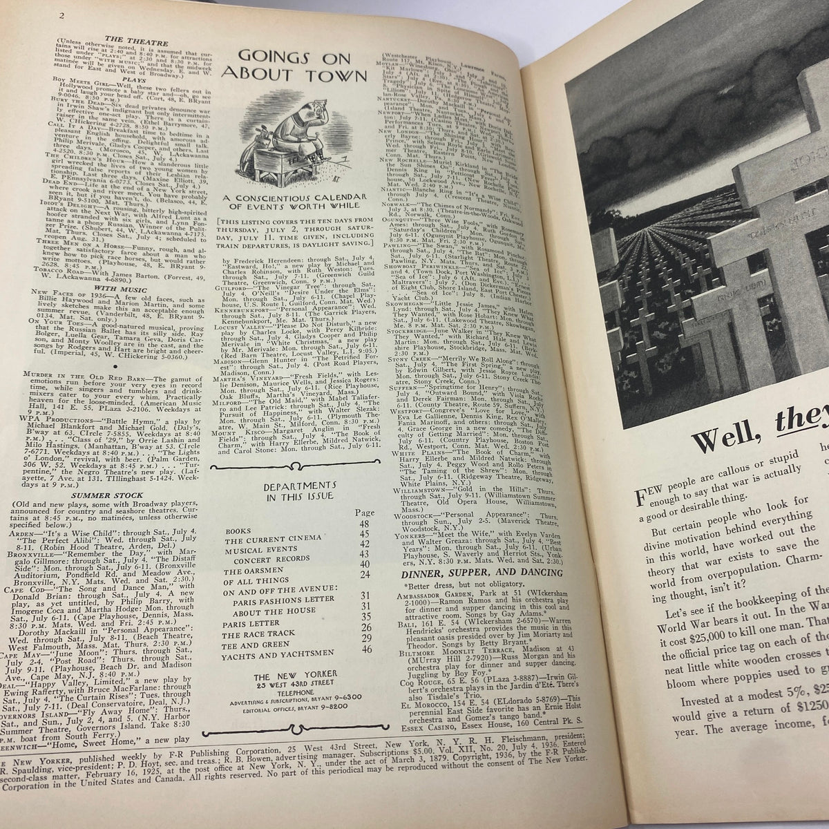 Inside pages of The New Yorker Complete Magazine July 4, 1936 featuring 'Goings On About Town' section and 'Dinner, Supper, and Dancing' article, highlighting events and cultural insights from the era.
