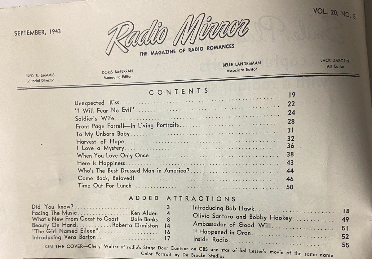 Table of contents for Radio Mirror Magazine September 1943, detailing featured stories such as 'Soldier's Wife' and 'I Love a Mystery', offering a glimpse into the vintage publication's content.