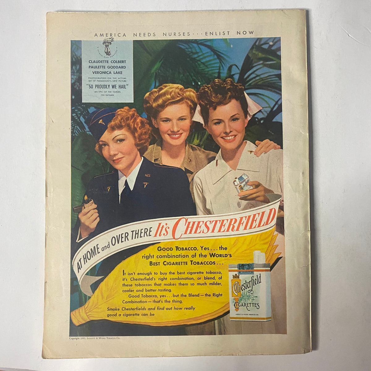 Vintage advertisement from Radio Mirror Magazine September 1943 promoting Chesterfield cigarettes, featuring three women in military-inspired outfits, emphasizing patriotism and classic advertising style.