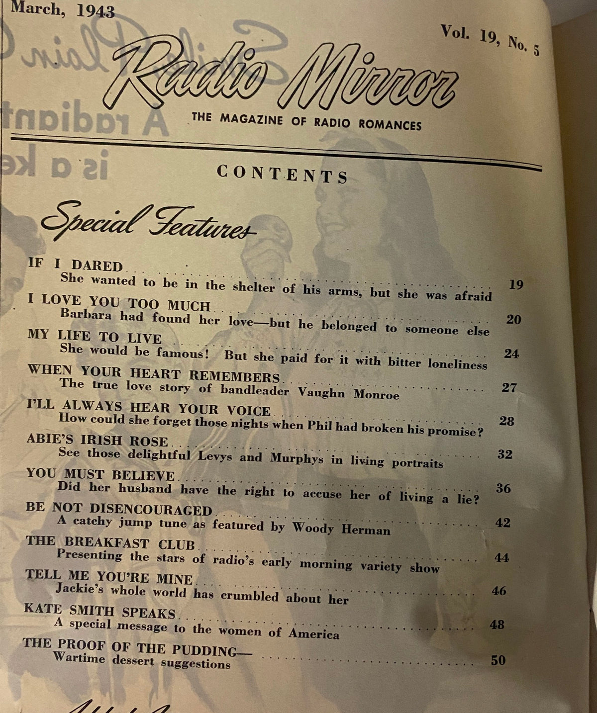 Table of contents from Radio Mirror Magazine March 1943, detailing the romantic stories and features within the issue.