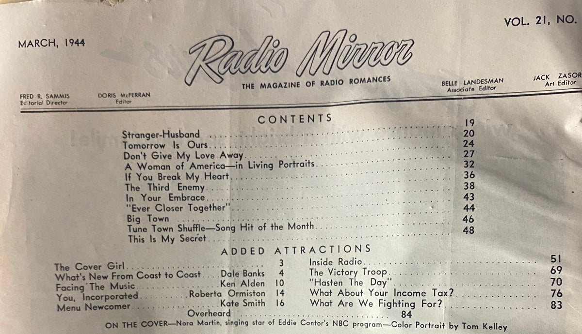 Radio Mirror Magazine March 1944, showcasing the Table of Contents with features such as 'Stranger-Husband' and 'Tomorrow Is Ours.' This vintage magazine emphasizes the romantic fiction and lifestyle columns popular during World War II.