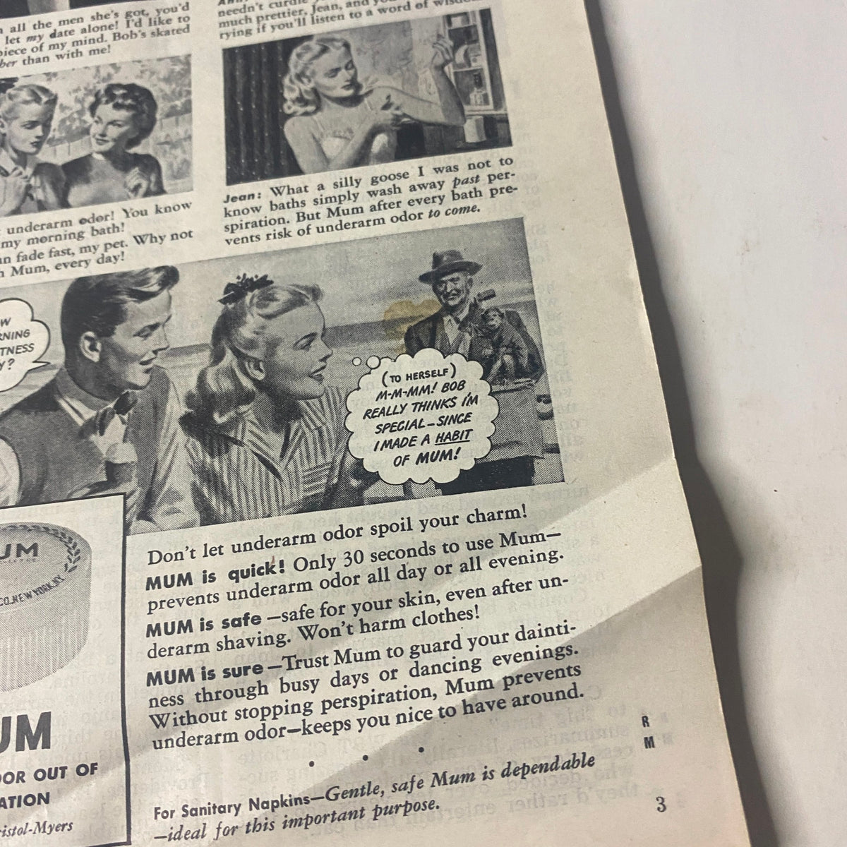 Nora Martin featured in Radio Mirror Magazine March 1944, promoting Mum deodorant with a vintage advertising appeal. The image captures the charm of 1940s beauty and advertisements, reflecting daily life during the era.