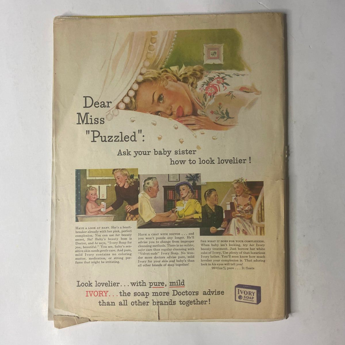 Back cover of Radio Mirror Magazine, June 1943, advertising Ivory soap with a vintage illustration and messaging on beauty.