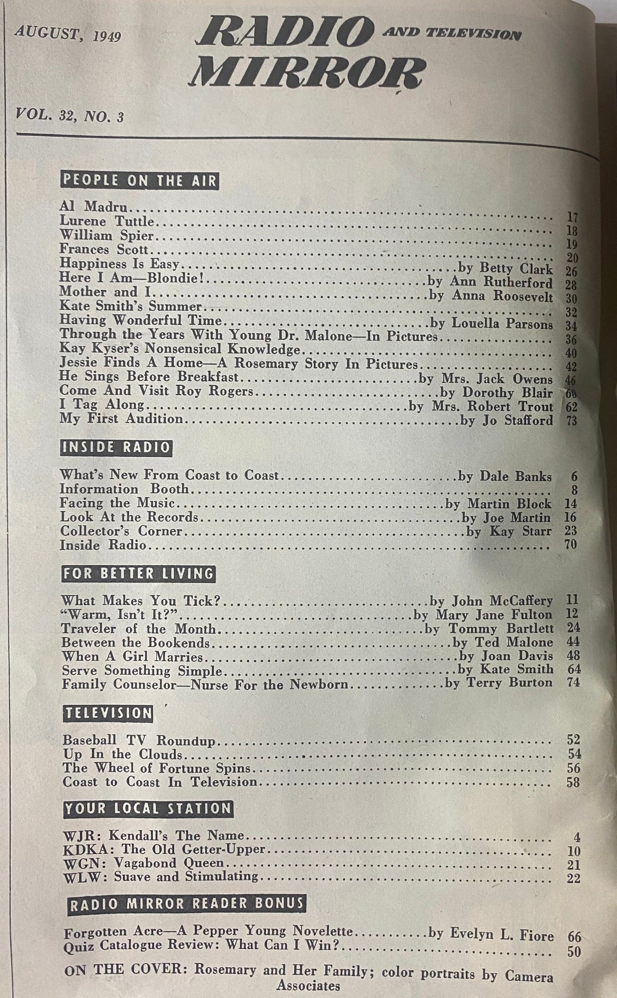 Inside page of Radio and TV Mirror Magazine, August 1949 detailing the table of contents including sections on 'People on the Air' and 'Inside Radio', highlighting vintage entertainment culture.