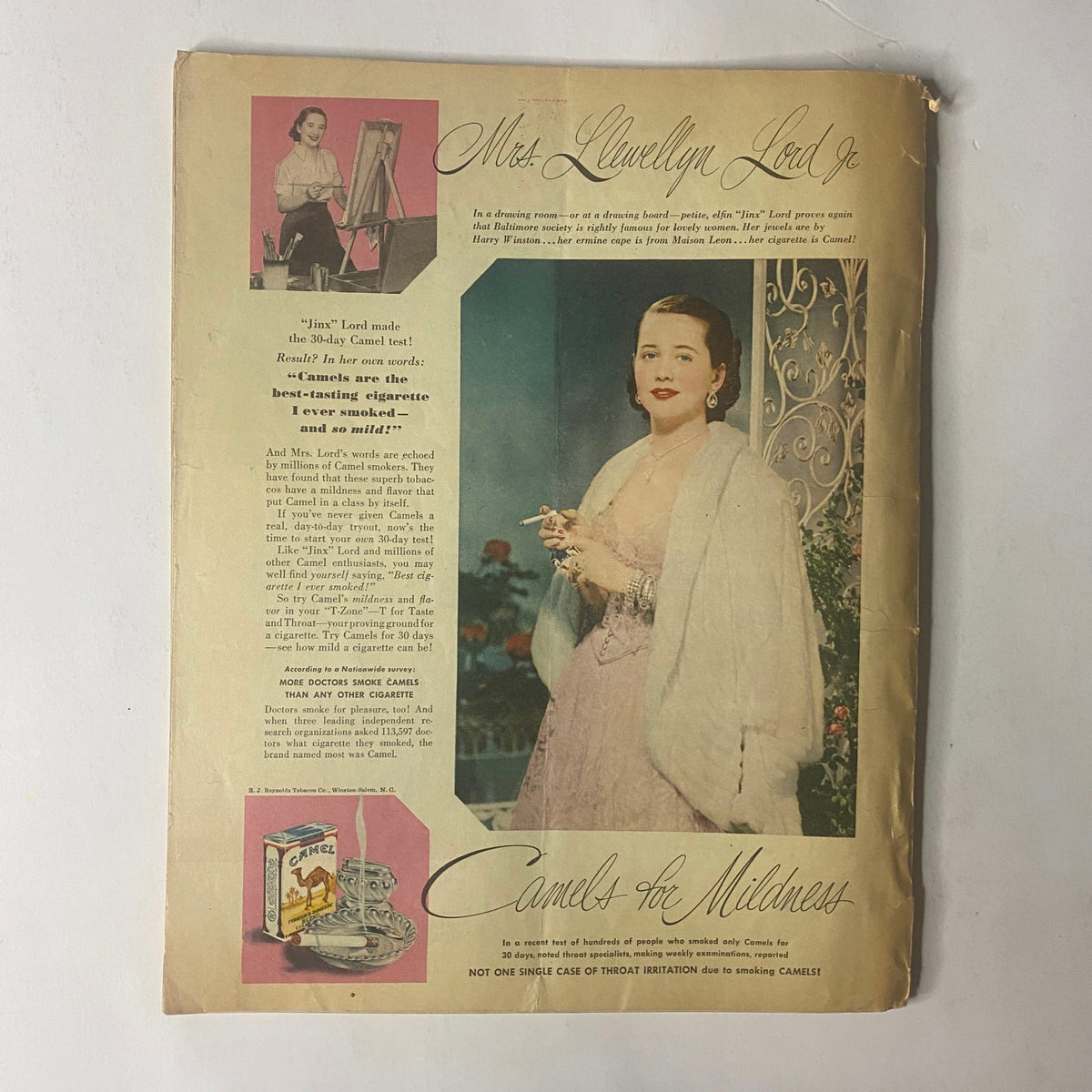 Back cover of Radio and TV Mirror Magazine August 1949 featuring a portrait of Mrs. Llewellyn Leal Jr. dressed elegantly, promoting Camel cigarettes with the slogan 'Milder.' This vintage magazine cover reflects early radio and television culture.