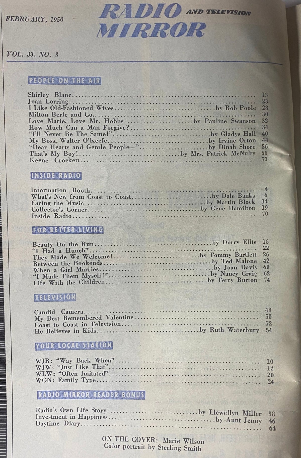 Table of Contents from Radio and TV Mirror Magazine February 1950, detailing features on radio personalities, early television highlights, and lifestyle segments.